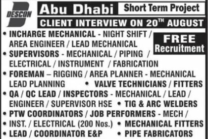 Jobs in Abu Dhabi – Free Recruitment for Descon Short-Term Project