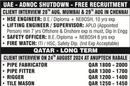 Free Recruitment for UAE ADNOC Shutdown & Qatar Long-Term Positions