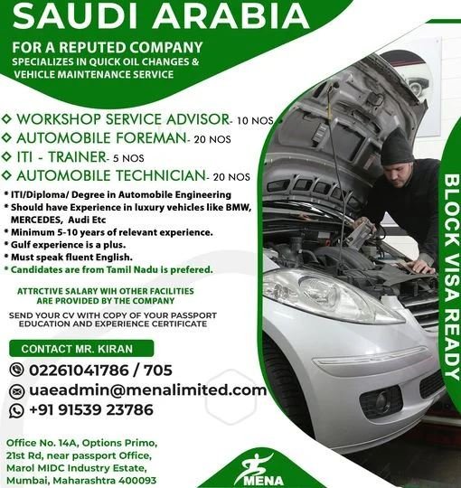 Job Opportunities in Saudi Arabia for Vehicle Maintenance Service