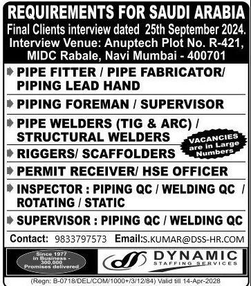 Job Openings in Saudi Arabia – Final Client Interview in Navi Mumbai (September 2024)