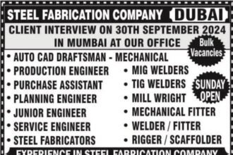 Job Openings for Steel Fabrication Company in Dubai – Walk-in Interview in (September 2024)