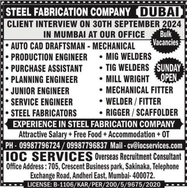 Job Openings for Steel Fabrication Company in Dubai – Walk-in Interview in (September 2024)