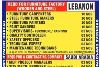 Vacancies for Furniture Factory & Contracting Co. – Saudi Arabia & Lebanon