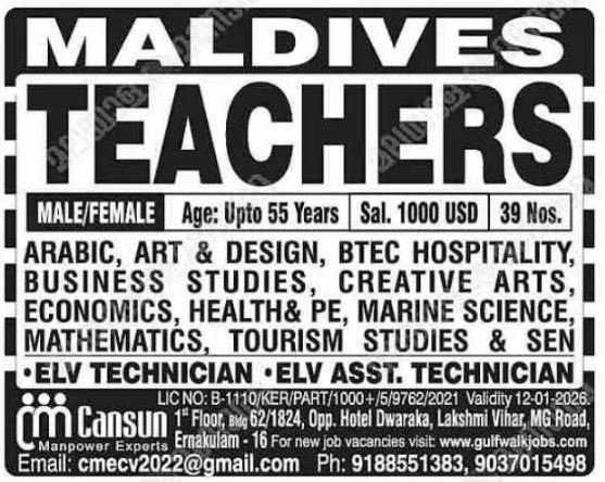 Teaching Jobs in the Maldives – Multiple Vacancies for Teachers (Male/Female)