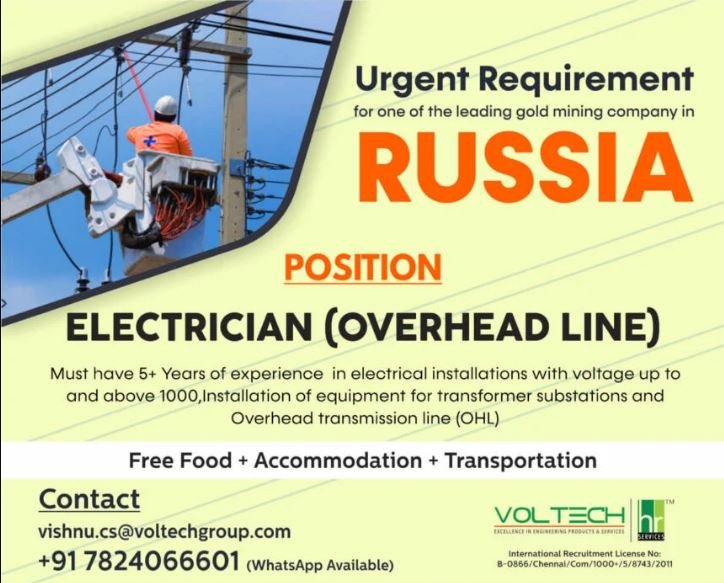 Urgent Recruitment for Electrician (Overhead Line) in Russia