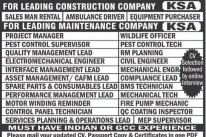 Saudi Arabia – Urgent Hiring for Leading Construction and Maintenance Companies – online interview.