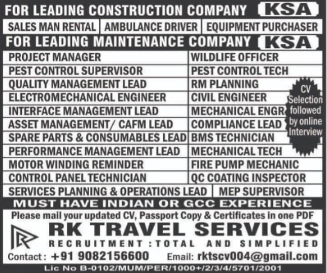 Saudi Arabia – Urgent Hiring for Leading Construction and Maintenance Companies – online interview.