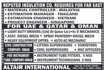 Recruitment for Various Positions in the Far East, UAE, Qatar, and Oman