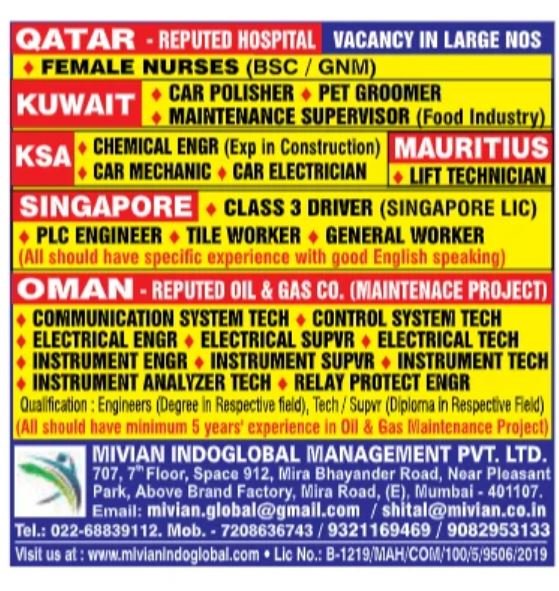 Qatar,Kuwait,Mauritius,Singapore,Saudi & Oman – Multiple International Opportunities in Healthcare, Oil & Gas, and Engineering