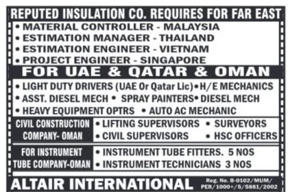 Recruitment for Various Positions in the Far East, UAE, Qatar, and Oman