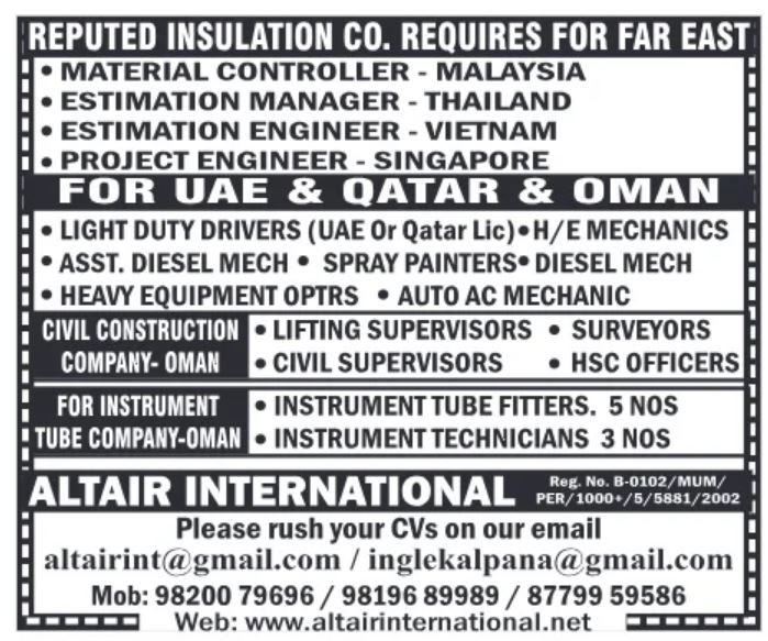 Recruitment for Various Positions in the Far East, UAE, Qatar, and Oman